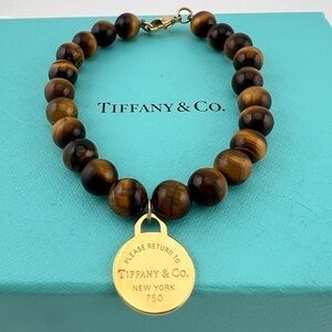 SUPER RARE Return to Tiffany & Co. 8mm Tigers Eye Bead Bracelet 18k Yellow Gold